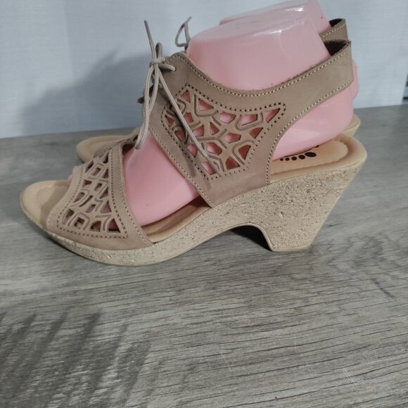 Spring Step Lamay Beige Leather Upper Open-toe Lace-up Wedge Size 40 US 10 - Picture 1 of 9